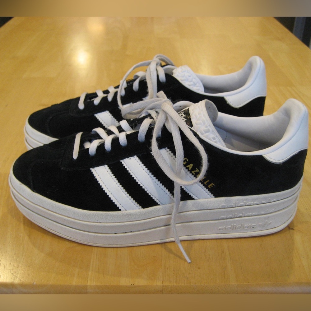 adidas Gazelle Black Suede Platform Sneakers with White Stripes